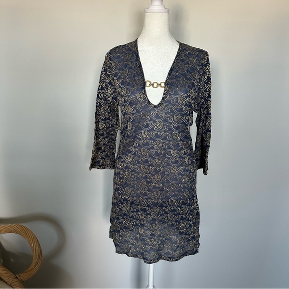 Jordan Taylor Navy Mesh Dress with Gold Design and Embellishment - Picture 5 of 6